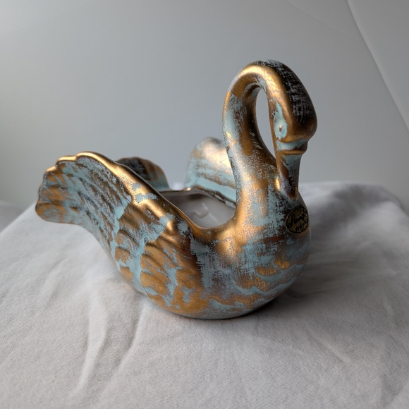 Stangl Pottery 22k Antique Gold Green Ceramic Swan Planter Vase MCM Vintage - Picture 4 of 13